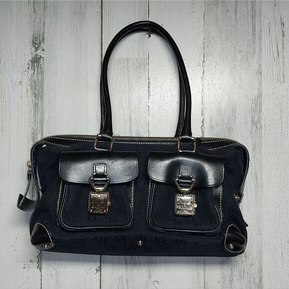 Dooney & Bourke Handbags - Dooney & Burke Black Signature Logo Satchel Leather and Canvas.